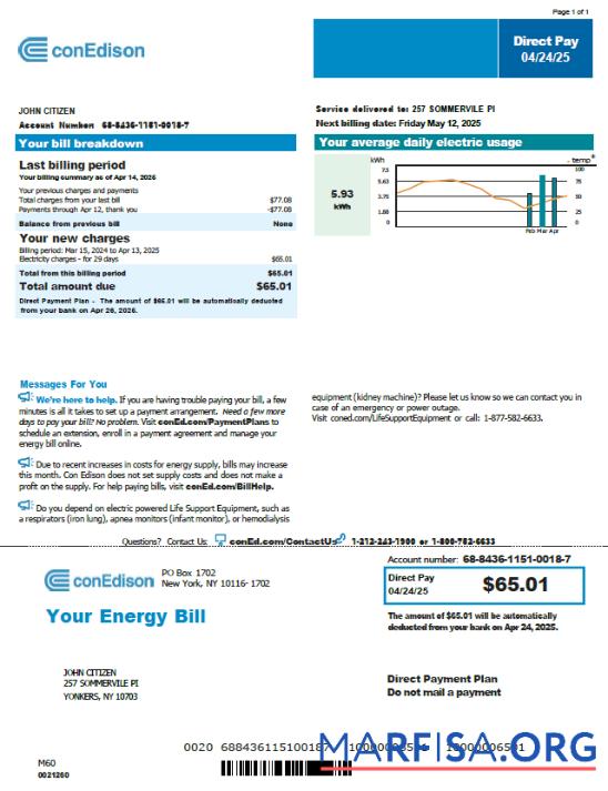 Realistic USA Conedison utility bill template in Word and PDF formats, version 2